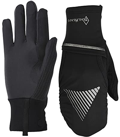 TrailHeads Womens Running Gloves Touchscreen Fingers & Convertible Waterproof Mitten Shell - for Winter, Reflective, Warm - Black - Reflective - Medium/Large