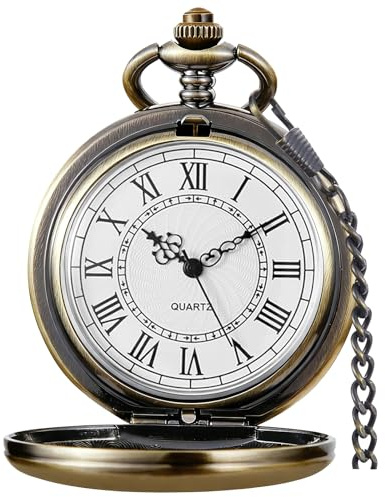 Tiong Classic Smooth Steel Quartz Pocket Watch with Chain Roman Numerals Men Women Pocket Watches Pendant Fathers Day Birthday Gift