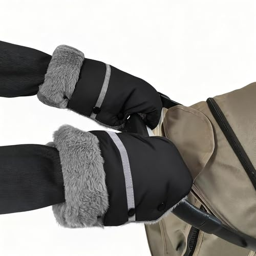 WD&CD Guanti Passeggino, Carrozzina Guanti con Striscia Riflettente, Guanti Passeggino Scaldamani,Guanti Antigelo Universali Impermeabili Extra Spessi Caldi per Passeggino/Rimorchio/Bicicletta- Nero