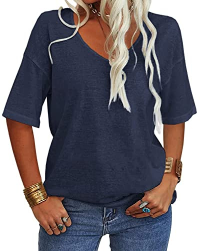 Tankaneo T-shirt d'été ample à manches courtes et col en V pour femme | T-shirt long, tunique, été, sport, basique, haut en coton, chemisier long, décontracté, ample, manches courtes