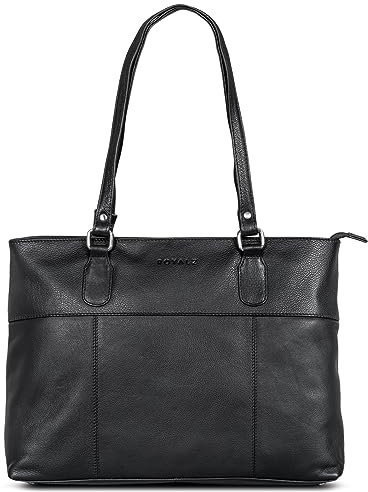 ROYALZ 'Augustine' Vintage Echtleder Handtasche Damen mittelgroß Leder Henkeltasche Schultertasche mit langen Henkeln, Farbe:Schwarz
