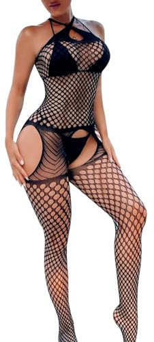 JENCVNL Lencería sexy para mujer Body de rejilla sexy Lencería sexy Teddy Babydoll Body Halter Tirantes Lencería hueca Chemise Ropa de dormir (Halter negro)