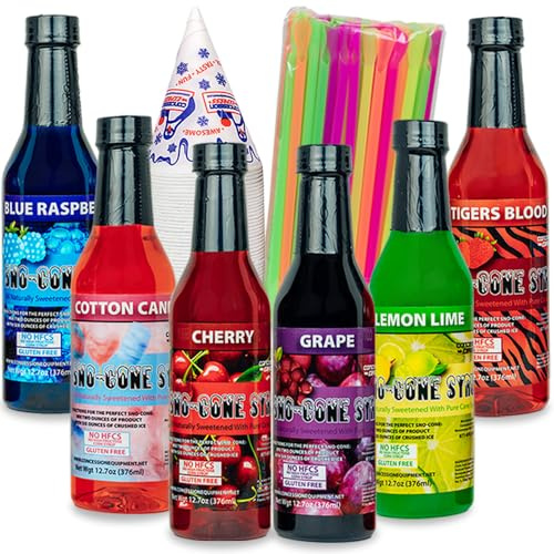 Concession Express® Pure Cane Sugar Sno Cone Syrup Party Kit – 6 Flavors (Blue Raspberry, Cherry, Cotton Candy, Grape, Lemon-Lime & Tiger’s Blood), 12.7 oz Bottles – Includes 50 Cups & 50 Straws – No High Fructose Corn Syrup – Perfect for Shaved Ice & Snow Cones