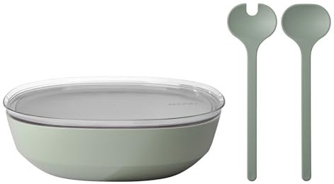 Mepal – Salat-Set Silueta – Servierschale mit Deckel (4000 ml) mit Salatbesteck (28,5 cm) – Outdoor-Serviergeschirr – Spülmaschinen- und mikrowellenfest – Kunststoff (PP, SAN, TPE) – Nordic Sage