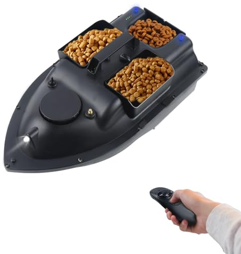 HauTour Barco cebador de 500m/1640ft con control remoto, barco cebador de gran capacidad de 2kg con embudo de carga, luz nocturna LED, posicionamiento de antenas y hélices, batería de 5200mAh