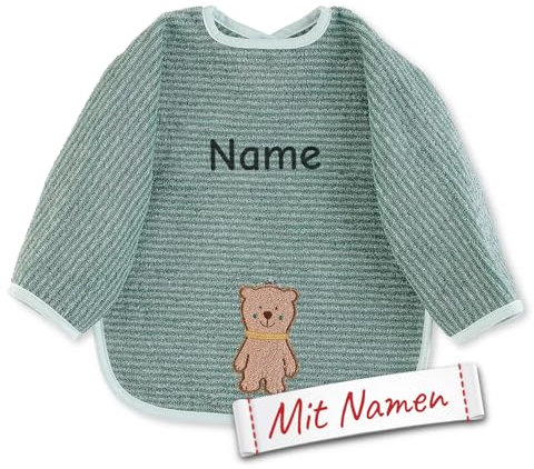 LALALO Sterntaler Lätzchen Bär Ben mit Namen bestickt für Baby mit Ärmel, Ganzkörper Beikost Ärmellätzchen für Kinder