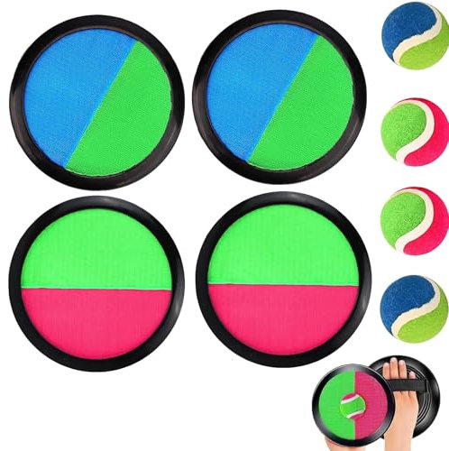 STFYUG Klettballspiel Klettball Set mit 4 Fangscheiben 4 Klettball, Klettballspiel für Kinder, Ballspiele Klettspiel für Kinder ab 3 4 5 6 Jahre, Outdoor Spielzeug für Wurf Spiel und Fangspiel (4)