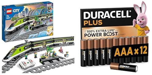 LEGO City Trains - Personen-Schnellzug -Ferngesteuertem Zug mit funktionierenden Scheinwerfern + DURACELL Plus AAA-Batterien (12er-Pack) – Alkaline-Batterien 1,5 V