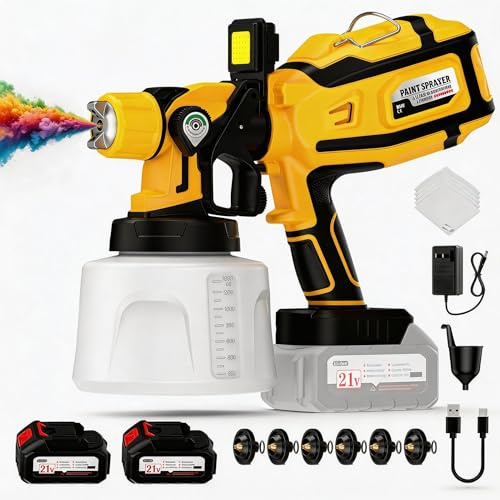 Paint Sprayer, HVLP 700W High Power Cordless Electric Spray Paint Gun with 1400ml (47oz) Container, 2×4000mAh Batteries, LED Light, 3 Modes & 6 Brass Nozzles, Paint Sprayer for House Painting