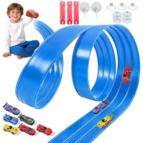 Pista flexible de 3 carriles para niños, 5 m de pista de carreras con 6 coches, 3 ventosas, pista de coches flexible para niños 3, 4, 5, 6 años, rollo en carretera portátil, regalo para interior