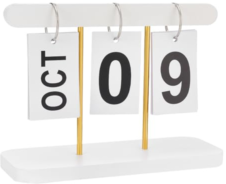 NBEADS Calendario diario de escritorio, calendario plegable de metal con base de madera, porta calendario de mesa para aulas, decoración para oficina, accesorios de escritorio, blanco, 200 x 80 x