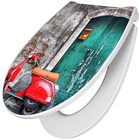 banjado Premium Toilettendeckel mit Absenkautomatik 45x38,4cm / WC Brille Soft Close/hygienischer Toilettendeckel/Klodeckel Duroplast mit Edelstahl Scharnier/Motiv Italienischer Roller