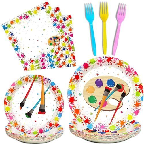 96 Pcs Art Plates and Napkins Party Supplies Paint Tableware Set Painting Theme Party Decorations Favors for Art Paint Birthday Baby Shower Serves 24