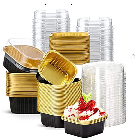25 mini tazas cuadradas para hornear, mini moldes de aluminio de 10 onzas con tapas, forros de magdalenas, tazas de pastel de natillas y recuerdos de reunión de catering (negro)