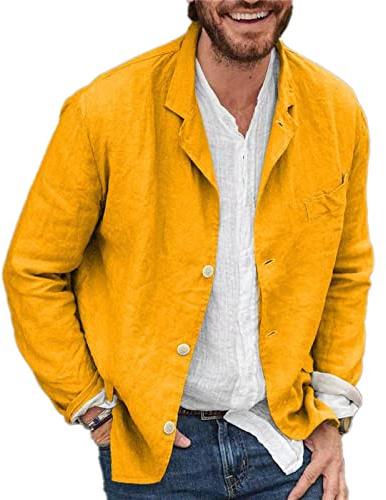 Blazer Casual de Algodón y Lino Abrigo Cómodo Delgado de los Hombres Primavera Verano Color Sólido Chaqueta de Traje Suelto, amarillo, XL