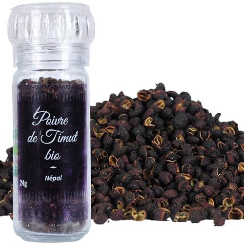 Khla - Poivre de Timut 24 g - Certifié Bio - Moulin Rechargeable - Baies de Timur - Poivre Pamplemousse en Grains - Qualité Premium - Direct Producteur - Himalaya Poivre Sichuan - Origine Népal