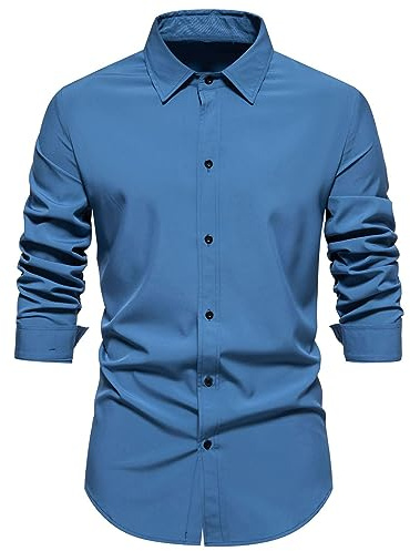 Dress Shirts for Men Cotton Linen Button Down T-Shirts Slim Fit Collar Linen Shirt Causal Solid Work Party Prom Tops men shirts Blue S