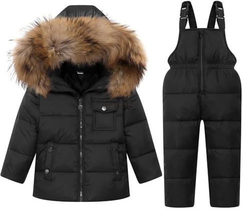 JiAmy Completo Invernale per Bambini, Piumino con Cappuccio in Pelliccia Artificiale, Set di Abbigliamento per Ragazzi e Ragazze, Giacca Invernale Imbottita + Pantaloni da Sci, Piumino, Nero, 6-7 Anni