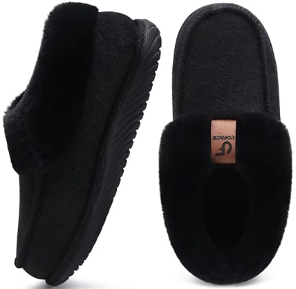 COFACE Women's Arch Support Memory Foam House Slippers Ladies Warm Fuzzy Faux Fur Collar Winter Moccasin Shoes Orthotic Plantar Fasciitis Indoor Outdoor Black Size 8