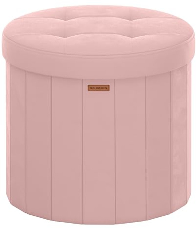 SONGMICS MAZIE Collezione - Pouf Contenitore Rotondo, Sgabello Poggiapiedi Pieghevole con Coperchio, Cassapanca, Montaggio Facile, Velluto per Camera, Soggiorno, Ingresso, Rosa Pastello LSF608R01