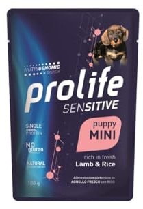 Prolife Umido Cane Sensitive Puppy Small Mini 100gr, alimento completo per cani cuccioli di tutte le taglie gusto AGNELLO e RISO | 12 bustine da 100 grammi l’una.