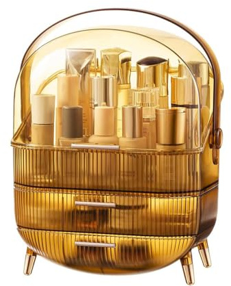 SIOOUI Makeup Organiser, 3-Tier Dustproof Cosmetic Storage Box for Skincare | Desktop Make Up Case for Skincare, Perfume, Lipstick & Brushes, for Dressing Table, Bedroom and Bathroom Organisation Amber