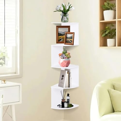powerking Wall Mount Corner Shelf，White 5 Tier Corner Bookshelf, Floating Display Shelves，Storage Organiser Bookcase for Living Room，Bedroom，Bathroom，Home，Office，Small Spaces Decorations