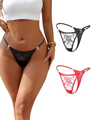 ohmydear String Sexy Tanga Femme Chic Dentelle String Ficelle Ceinture Ajustable Micro G-String Dos en T Lingerie Grande Taille sous-Vêtements Feminins avec Strass