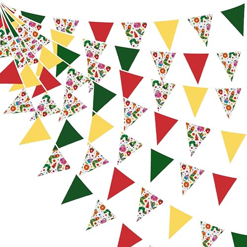 32Ft Green Yellow Red Hungry Caterpillar Bunting Banner Caterpillar Party Decorations Fabric Pennant Triangle Flag Garland for Kids Boys Fruit Cartoon Birthday Baby Shower Outdoor Garden Decor