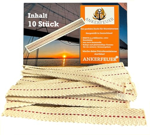 ANKERFEUER Lot de 10 mèches de 12 cm en 100 % coton - Fil rouge - 12,5 mm de large - Compatible avec les lanternes tempête Feuerhand 276 et autres lanternes à pétrole - Mèche plate durable et sûre