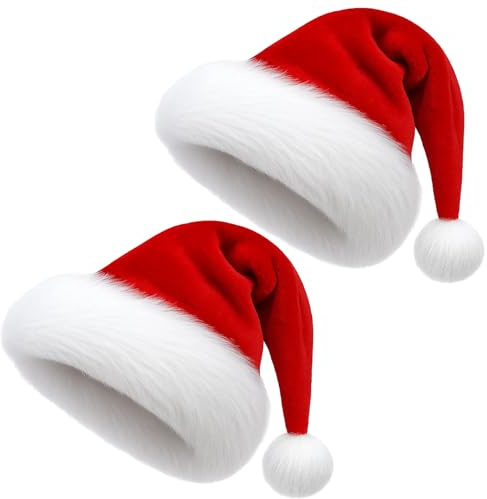 Santa Hat, Christmas Hat for Adults, 2 Pack Santa Hats, Classic Red with White Faux Fur, Unisex Holiday Party Hats for Christmas, New Year, Family Gatherings, Office Parties, and Festive Events