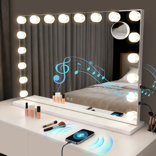 Mursche Sminkspegel med belysning, 60 x 80 cm, Bluetooth Vanity Mirror med 18 stora kosmetiska speglar, 3 lägen, musik, touch-sminkspegel, Hollywoodspegel
