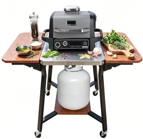 GFTIME Grillvagn med bänkskiva i rostfritt stål, BBQ vagn med 2 hopfällbara sidohyllor, gasflaskhållare och hjul, mobil utomhus köksvagn för grill, pizzaugn och trädgård