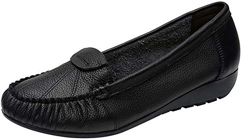 ANUFER Femmes Cuir Véritable Doux Ballerines Sole Glisser sur Talon Compensé Bas D'âge Moyen Chaussures de Marche Noir SN02450 EU41