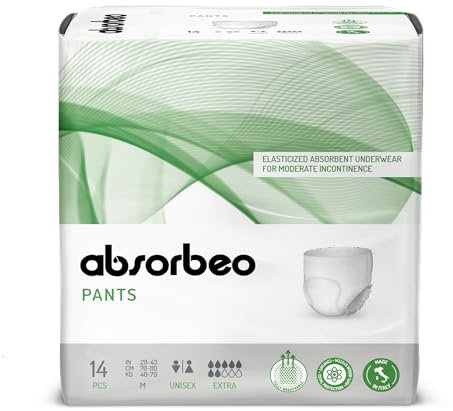 Absorbeo Plus - Culottes Absorbantes Élastiqué pour Incontinence Moyenne, Confort Absolu, Protection Totale, Système Anti-Odeurs, Entièrement Respirant, Unisexe, Taille M, 14 Pcs