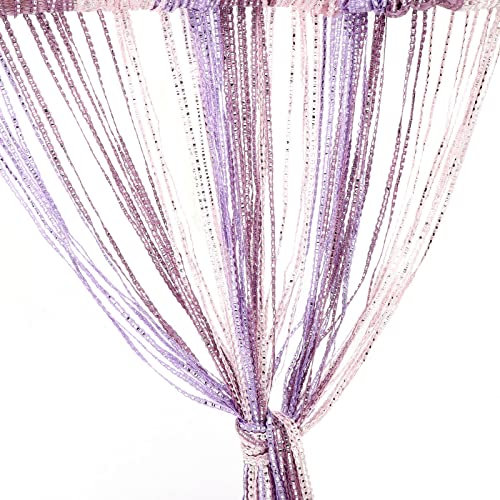 String Curtain Panel, Glitter Door Wall Window Doorways Panel Fly Screen Fringe Room Divider Blinds, Decorative Tassel Ribbon Strip Silver Screen for Living room, Party Event-Light Purple Litght-pink