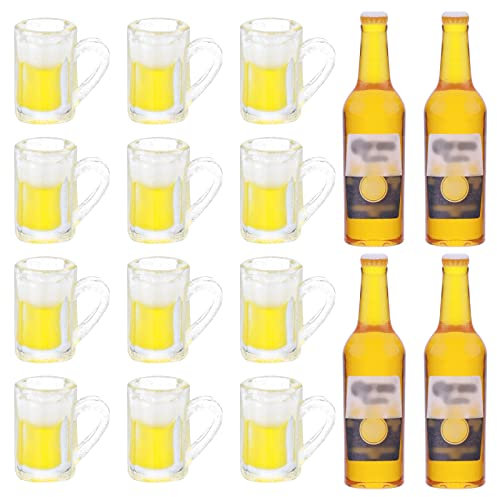 cobee Ensemble de Bouteilles de Tasses à bière Miniatures Dollhouse 12 Mini Tasses avec 4 Bouteilles de bière réalistes modèle de Verre à bière Dollhouse Drink Set Décoration de Maison de poupées