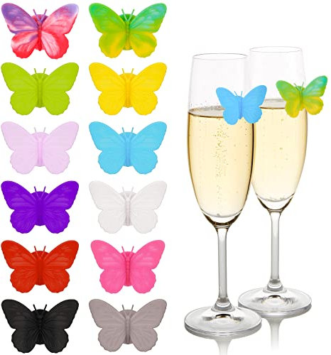 12Couleurs Papillon Marque-verres Party Marqueurs de Verre à Vin Marqueurs de Vin Silicone étiquettes pour Verres à Vin Identificateur Verre Marqueurs à Boisson Décoration Verre à Vin