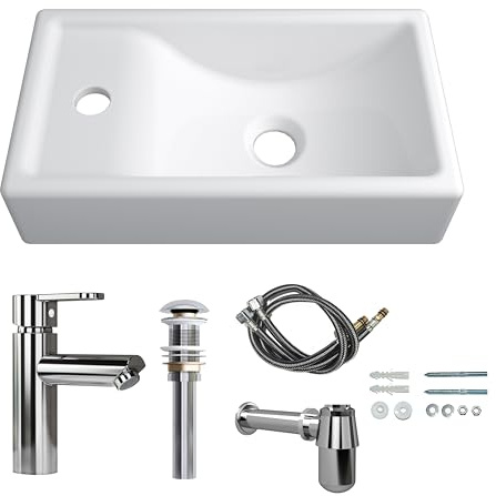 MEJE 41 x 23 x 10 cm Mini Lavabo para montaje en pared, cerámica, pequeño, agujero para grifo izquierdo, con grifo y kit de drenaje