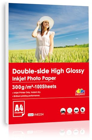 Inkuway 300 gsm A4 100 ark glansigt fotopapper dubbelsidig bläckstråleskrivare tungvikt tjock enkel yta för foton, gratulationskort, vykort, inbjudningskort.