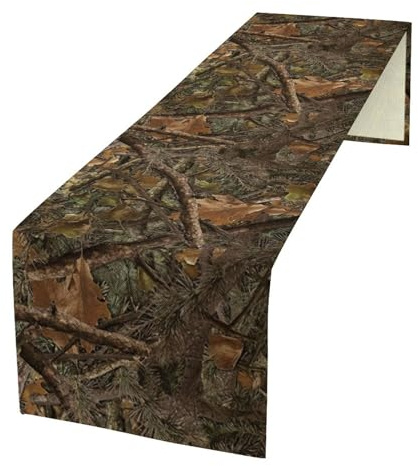 Forest Camouflage Table Runner, Forest Camo Conifer Oak Branches Leaves Mossy Hunting Lodge Camp Cabin Theme Dinner Table Decoration for Home Kitchen Dining Dining Table Decoration 13x90