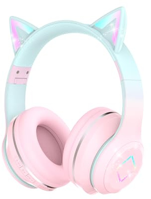 Bluetooth Kids Headphones,Cat Ear LED Light Up Kids Wireless Headphones,Bluetooth 5.1&Stereo Sound,Foldable,Adjustable Headband,Children Headphone with Microphone Over Ear for School/Tablet (Pink)