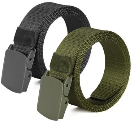 Heshebuy 2 Pieces Nylon Canvas Belt for Men and Women Commuter All-match Automatic Buckle Belt Outdoors, Military Tactical Belt For Leisure Sports (Black+Army Green)