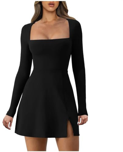 Bcenoilua Damen Kleider Sexy Langarm Quadratischem Ausschnitt Minikleid Eng Kurz Bodycon Kleid mit Schlitz Stretch Elegant A Line Figurbetontes Cocktailkleid Abendkleider Partykleid