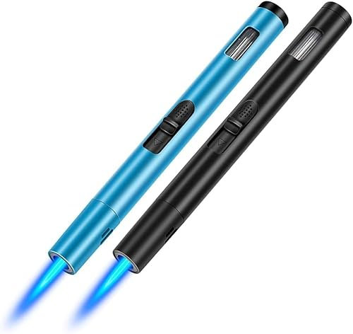 Butane Jet Torch Lighter Refillable 2 Pack Windproof BBQ Candle Lighter Long Reach with Gas Window and Flame Adjustable for Candle, Barbeque, Fireplace, Grill, Camping (Black&Blue) (Without Fuel)