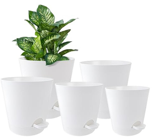 QLoztyse Self Watering Plant Pot - Plastic Flower Pots for Indoor, 7/6.5/6/5.5/5 Inch House Planters with Drainage Holes for Garden Planting Accessories, Pack of 5