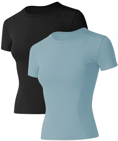 IECCP Women's Summer Short-Sleeve Shirts Yoga Tops for Women 2 Pack Workout Crewneck Compression Seamless Athletic Yoga Tee Gym Shirts M