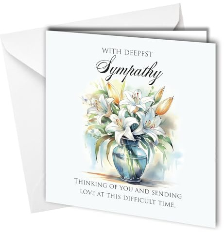 Oscar Finks Sympathy Greeting Card, Lilies Design, for Women, Men, Friends, Loved Ones, 350gsm White Card, White Envelope #1626