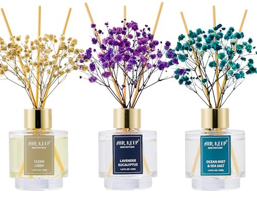 Airkeep Raumduft 50ml x3, Reed Diffuser mit Clean Linen, Ocean Mist & Sea Salt, Lavender Eucalyptus, Raum Duft mit 24 Duftstäbchen, Lufterfrischer für Badezimmer, Wohnung, Heimdekoration