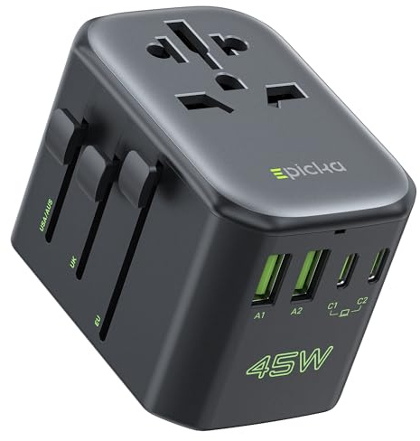 EPICKA Pulse 45W International Power Adapter, Universal Travel Adapter with PD Fast Charging, 5-Port (1 AC/2 USB-A/2 USB-C) European Travel Plug Adapter, Travel Essentials (Black)